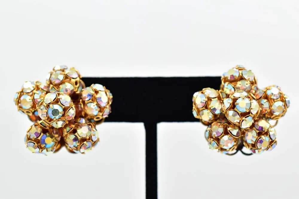 Vintage Crystal Clip On Earrings Aurora Borealis Prong Ball Flower 1950s BinBK